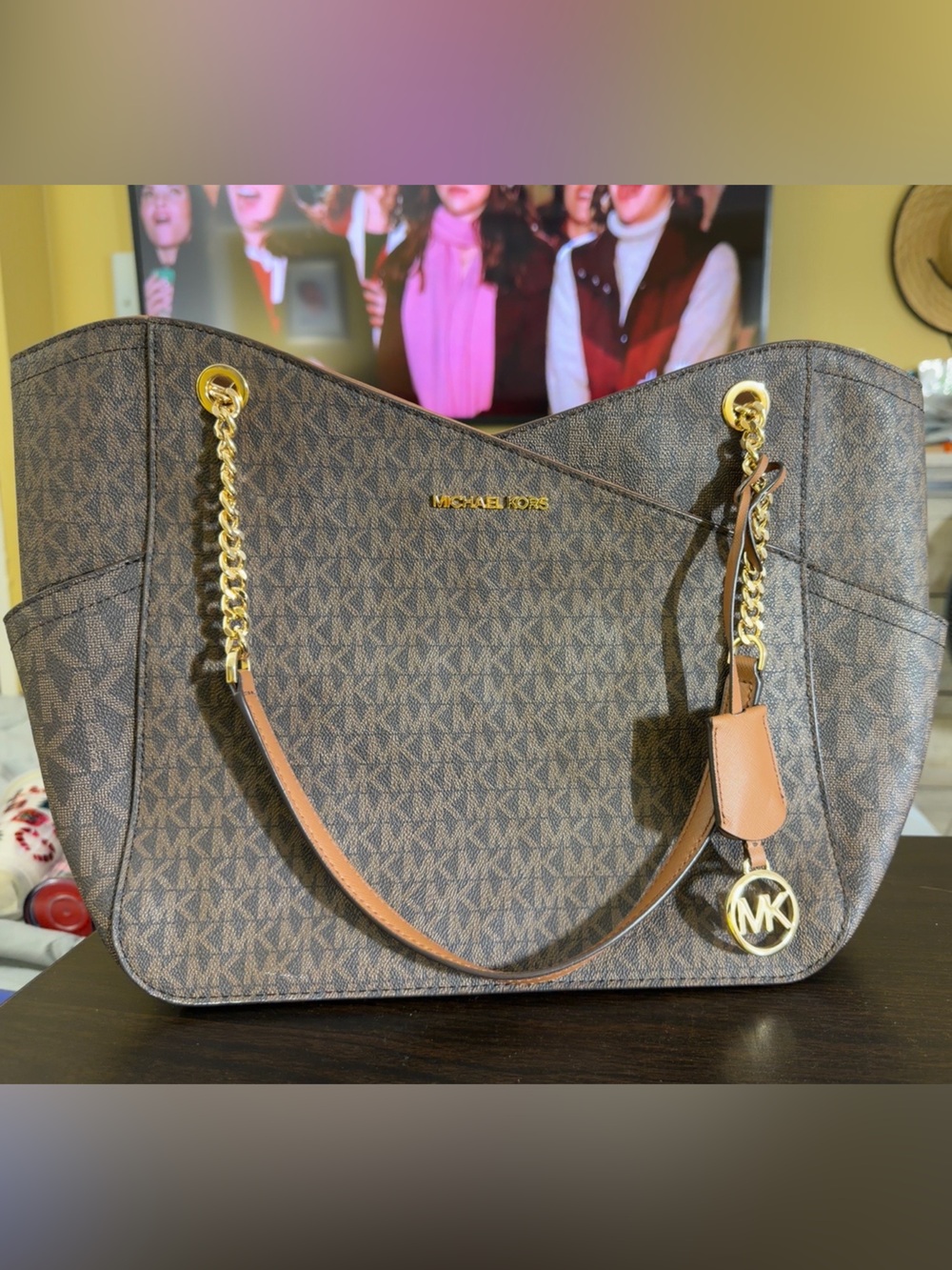 Michael Kors Brown Logo Shoulder Tote with Gold Accents